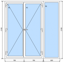 Baugruppe aus zweiflügeliger Eingangstür und feststehendem Fenster